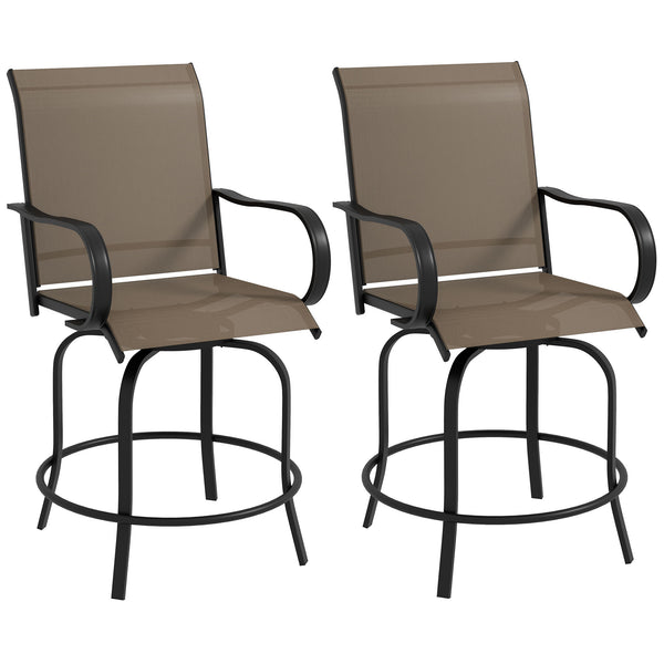 Outdoor Bar Stools with Armrests, Set of 2 360° Swivel Bar Height Patio Chairs with High-Density Mesh Fabric, Steel Frame Dining Chairs for Balcony, Poolside, Backyard, Tan
