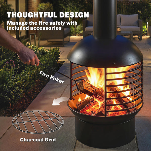 Chimney Fire Pit, Portable Wood Burning Firepit with Poker, Charcoal Grid, Outdoor Fireplace for Garden Patio, Black