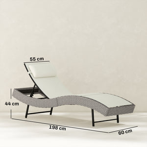 Rattan Sun Lounger, 5 Position Adjustable Garden Lounger Recliner with S Shaped Texteline Seat and Headrest, Reclining Outdoor Sunbed with Metal Frame for Patio, Terrace, Cream White