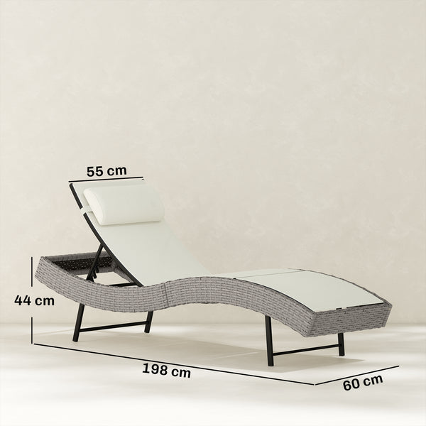 Rattan Sun Lounger, 5 Position Adjustable Garden Lounger Recliner with S Shaped Texteline Seat and Headrest, Reclining Outdoor Sunbed with Metal Frame for Patio, Terrace, Cream White