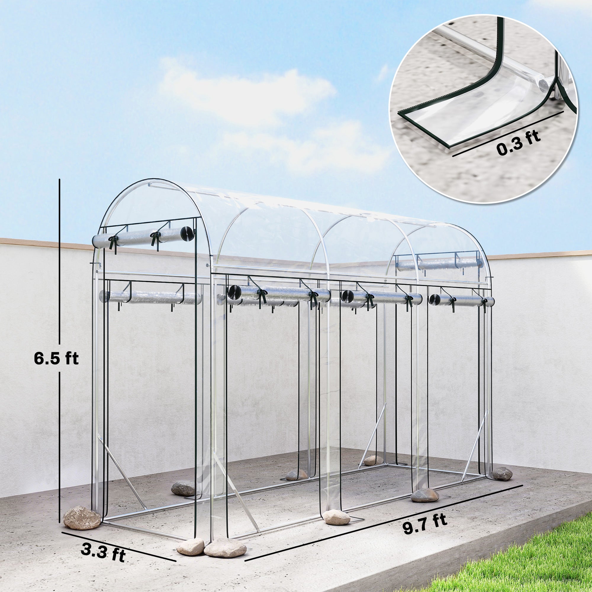 plastic plant house Outsunny Walk-in Tunnel Greenhouse, Hoop House Greenhouse with 8 Roll-Up Doors, 10' x 3' x 6.5', Clear