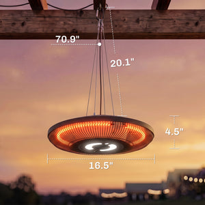 Electric Hanging Patio Heater with LED Light, 750/1500 W IP65 Waterproof Ceiling Mounted Infrared Outdoor Heater with Carbon Fiber Tubes, Touch/Remote Control, 24-Hour Timer for Gazebo, Black