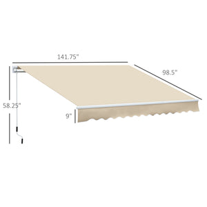 12' x 8' Retractable Awning Patio Awnings Sun Shade Shelter with Manual Crank Handle, 280g/m² UV & Water-Resistant Fabric and Aluminum Frame for Deck, Balcony, Yard, Cream White