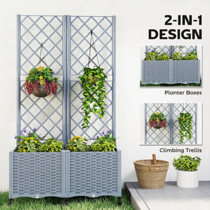 Planter Box with Trellis, Self Watering Raised Garden Bed with Lockable Wheels, 56.3" Trellis Privacy Planter with Drainage Holes for Climbing Plants, Vines, Vegetables, Flowers, Gray