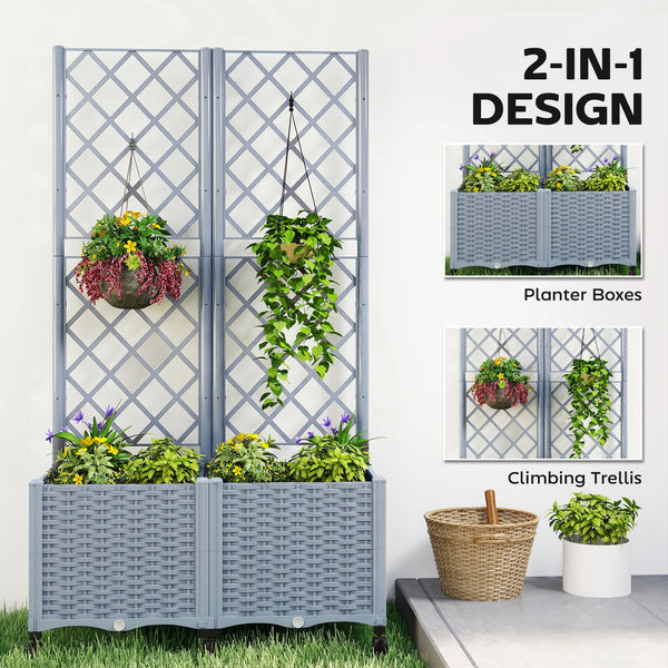 Planter Box with Trellis, Self Watering Raised Garden Bed with Lockable Wheels, 56.3" Trellis Privacy Planter with Drainage Holes for Climbing Plants, Vines, Vegetables, Flowers, Gray