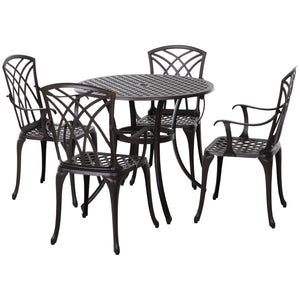 5 Pieces Garden Dining Set for 4, Cast Aluminium Outdoor Dining Set with 4 Armchairs and Round Dining Table with Parasol Hole, Garden Furniture Set, Brown