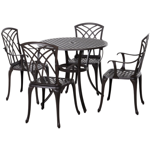 5 Pieces Garden Dining Set for 4, Cast Aluminium Outdoor Dining Set with 4 Armchairs and Round Dining Table with Parasol Hole, Garden Furniture Set, Brown