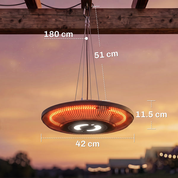 Hanging Electric Patio Heater with LED Light, 1000/2000 W IP65 Waterproof Ceiling Mounted Outdoor Infrared Heater with Touch/Remote Control, 24-Hour Timer, Black