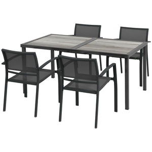 4 Seater Garden Dining Set, Stackable Armchairs and Wood-like Top Table, Space-Saving Outdoor Table and Chairs with Breathable Mesh Seat, Garden Furniture Set, Grey