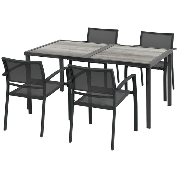 4 Seater Garden Dining Set, Stackable Armchairs and Wood-like Top Table, Space-Saving Outdoor Table and Chairs with Breathable Mesh Seat, Garden Furniture Set, Grey