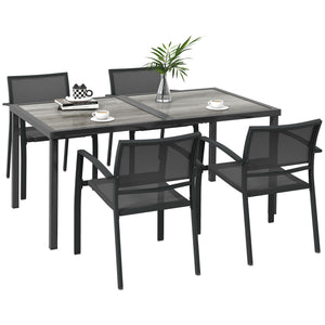 4 Seater Garden Dining Set, Stackable Armchairs and Wood-like Top Table, Space-Saving Outdoor Table and Chairs with Breathable Mesh Seat, Garden Furniture Set, Grey