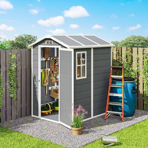 6' x 4' Outdoor Storage Shed, Plastic Shed with Floor, Window, Lockable Door and Vents, Garden Tool House for Outdoor Patio Storage, Gray