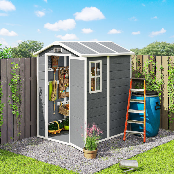6' x 4' Outdoor Storage Shed, Plastic Shed with Floor, Window, Lockable Door and Vents, Garden Tool House for Outdoor Patio Storage, Gray