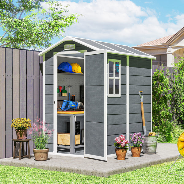 6' x 4' Outdoor Storage Shed, Plastic Shed with Floor, Window, Lockable Door and Vents, Garden Tool House for Outdoor Patio Storage, Gray