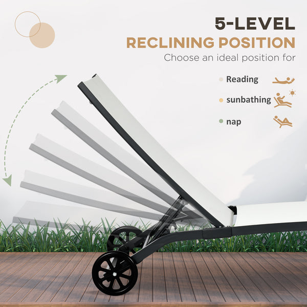 Lounge Chair Outdoor Set of 2 with Wheels, 5-Position Reclining Chaise Lounge Tanning Chair, Breathable Mesh Sun Lounger for Patio, Backyard, Beach, Poolside, Cream White