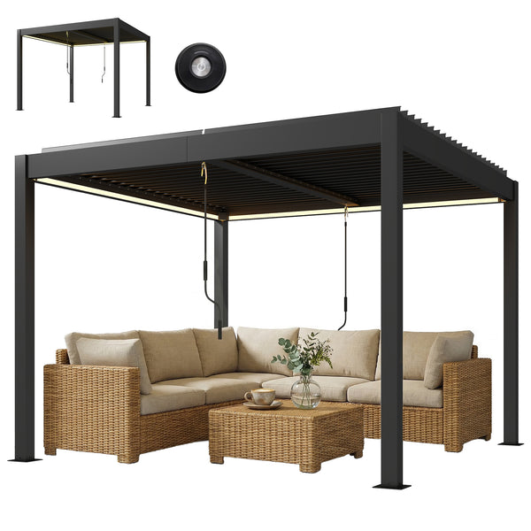 3 x 3 m Louvered Pergola with LED Lights, Adjustable Metal Louvred Roof, Aluminium Patio Gazebo Pergola Canopy with Drainage Gutters, Handles, Remote for Garden Outdoor, Dark Grey