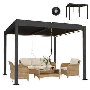 3 x 3 m Louvered Pergola with LED Lights, Adjustable Metal Louvred Roof, Aluminium Patio Gazebo Pergola Canopy with Drainage Gutters, Handles, Remote for Garden Outdoor, Dark Grey