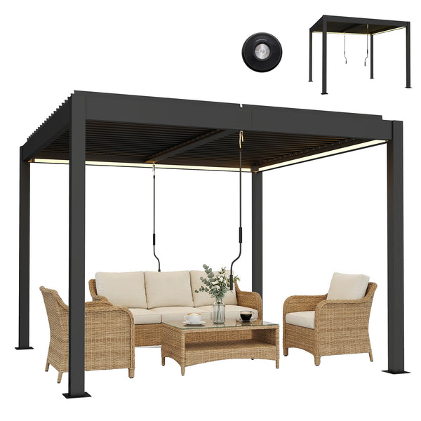 3 x 3 m Louvered Pergola with LED Lights, Adjustable Metal Louvred Roof, Aluminium Patio Gazebo Pergola Canopy with Drainage Gutters, Handles, Remote for Garden Outdoor, Dark Grey