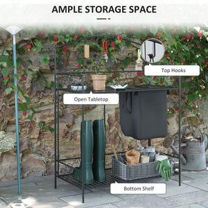 Folding Potting Bench Table, Metal Garden Workstation, Work Bench with Large Build-In Bag with Cover, 5 Hanging Hooks & Storage Shelf, Flourishes