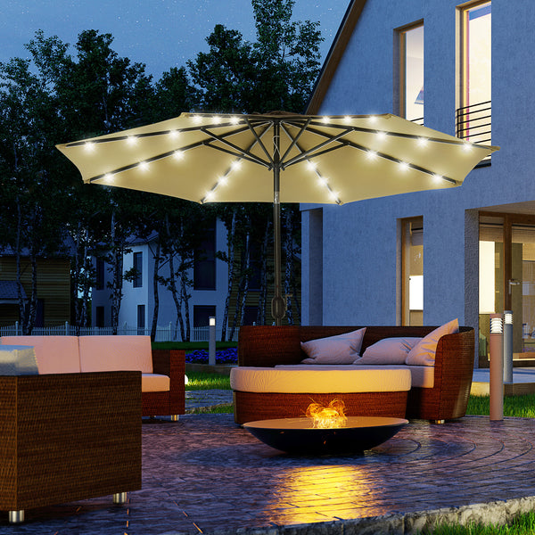 9ft Solar Patio Umbrella Outdoor Sunshade 24 LED Lights Tilt Canopy, Brown
