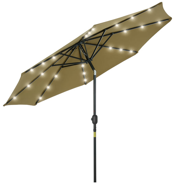 9ft Solar Patio Umbrella Outdoor Sunshade 24 LED Lights Tilt Canopy, Brown