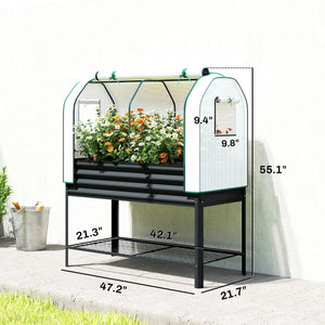 Galvanised Raised Garden Bed with Greenhouse Cover, Metal Elevated Garden Bed with Legs, Bed Liner and Bottom Shelf, Outdoor Raised Planter Box for Vegetables, Herbs, Flowers, Black