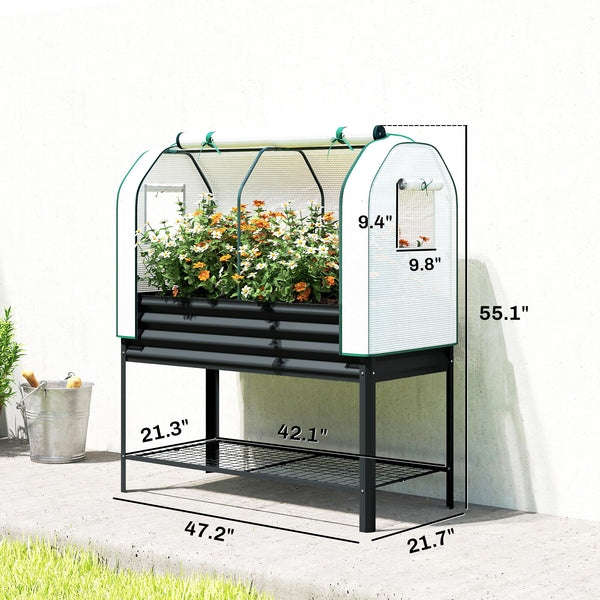 Galvanised Raised Garden Bed with Greenhouse Cover, Metal Elevated Garden Bed with Legs, Bed Liner and Bottom Shelf, Outdoor Raised Planter Box for Vegetables, Herbs, Flowers, Black