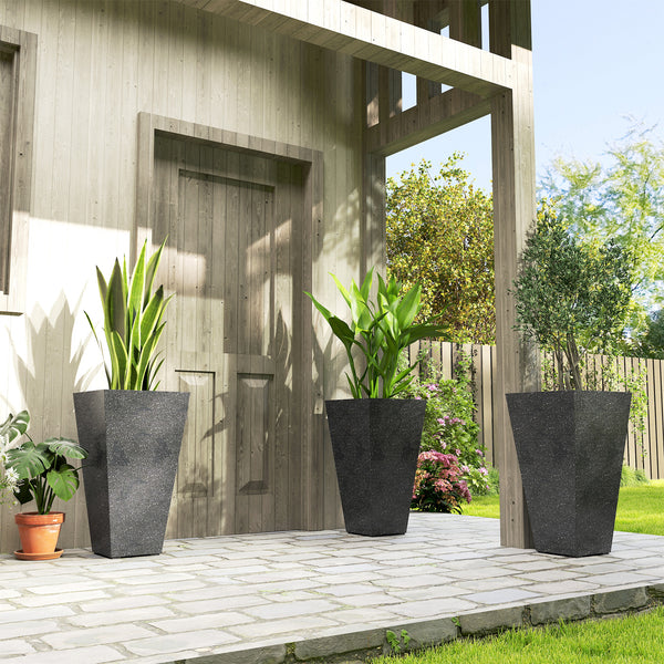 28 Inch Tall Planters for Outdoor Plants, Set of 3 Plastic Flower Pots with Marble Finish and Drainage Holes, Stackable Tapered Large Planters for Indoor Plants, Front Porch Decor, Black