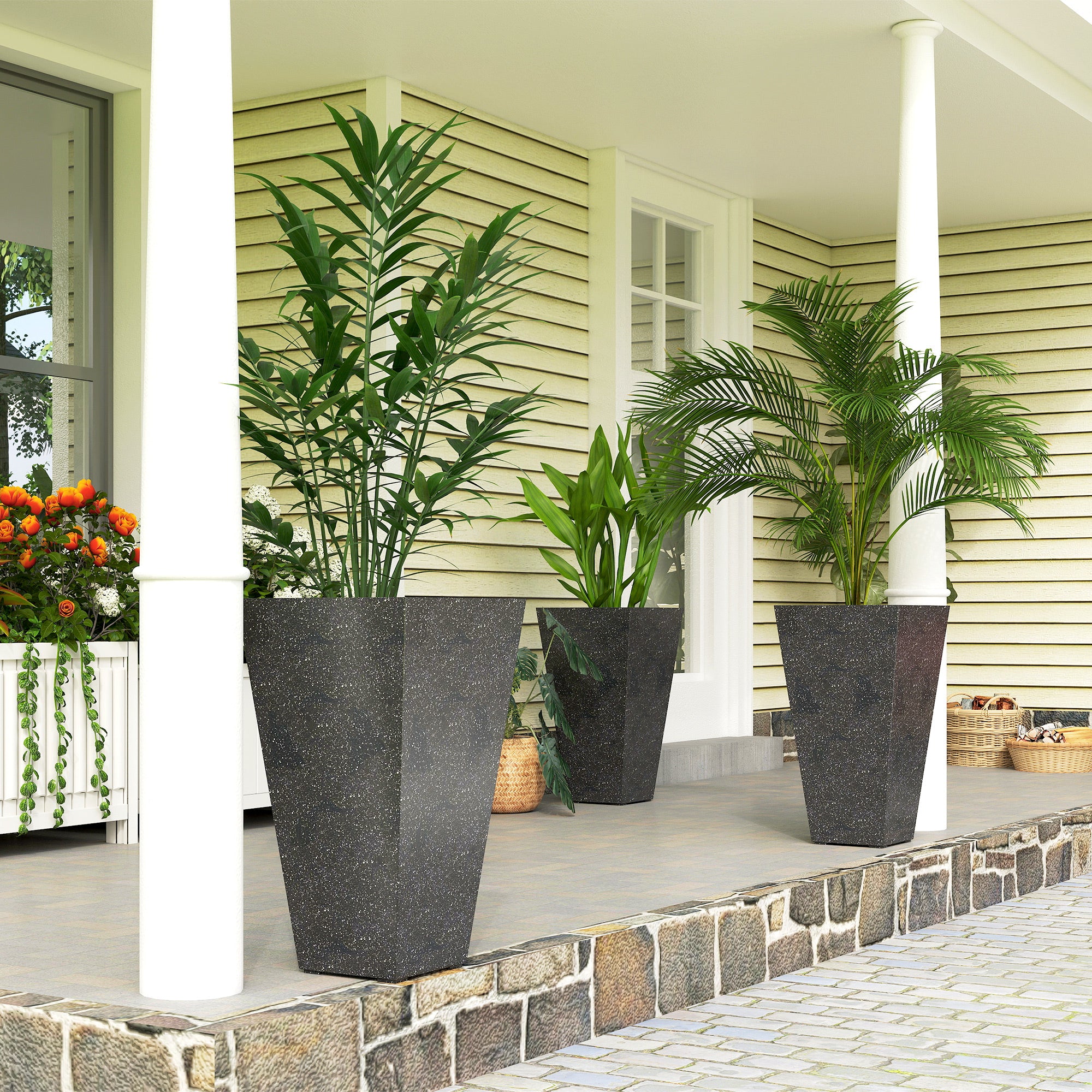large indoor plastic plant pots Outsunny 28" Tall Planters, Set of 3 Plastic Flower Pots with Marble Finish and Drainage Holes, Stackable Taper Planters, Black