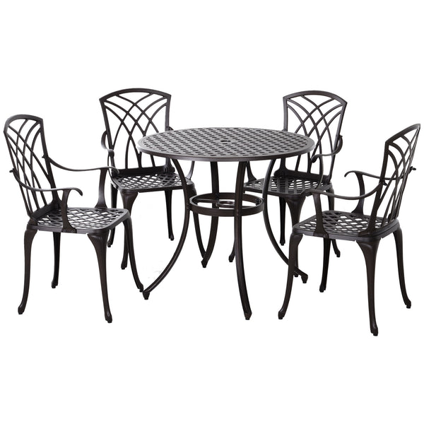 5 Pieces Garden Dining Set for 4, Cast Aluminium Outdoor Dining Set with 4 Armchairs and Round Dining Table with Parasol Hole, Garden Furniture Set, Brown