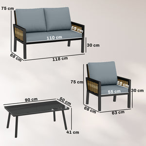 4 Seater Rattan Garden Furniture Set with 2 Armchairs, Loveseat, Coffee Table, Garden Sofa Set with Cushions, Outdoor Furniture Conversation Sets for Patio, Grey