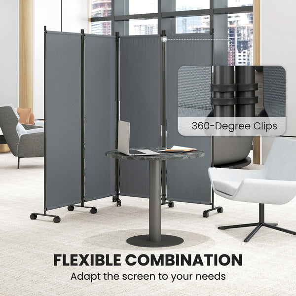 4 Panel Folding Room Divider with Lockable Wheels, 5.6ft Rolling Privacy Screen, Portable Freestanding Room Partition Separator for Home Office Bedroom, Dark Grey