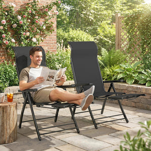 Folding Patio Chairs Set of 2, Reclining Outdoor Chair with 33.5" High Back, Retractable Footrest, 5-Position Outdoor Recliner Lounge Chairs for Lawn Yard Beach, Black