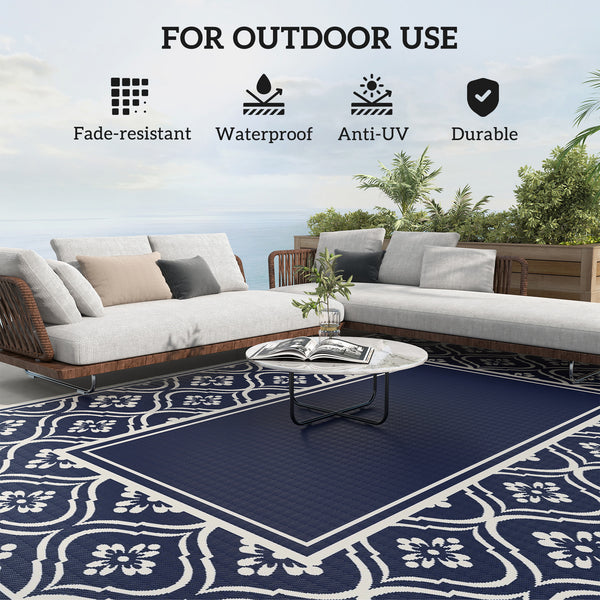 Outsunny Reversible Outdoor Rug, 9' x 12' Waterproof Plastic Straw Floor Mat, Portable RV Camping Carpet, Large Floor Mat for Backyard, Deck, Picnic, Beach, Blue & White Gourd Border