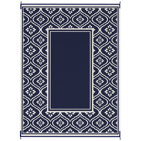 Outsunny Reversible Outdoor Rug, 9' x 12' Waterproof Plastic Straw Floor Mat, Portable RV Camping Carpet, Large Floor Mat for Backyard, Deck, Picnic, Beach, Blue & White Gourd Border