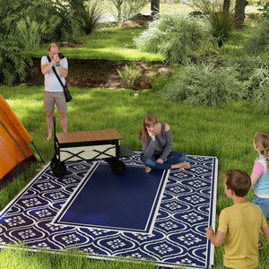 Outsunny Reversible Outdoor Rug, 9' x 12' Waterproof Plastic Straw Floor Mat, Portable RV Camping Carpet, Large Floor Mat for Backyard, Deck, Picnic, Beach, Blue & White Gourd Border