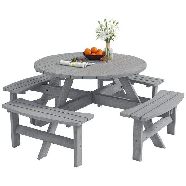 Wooden Patio Dining Set for 8 People, Outdoor Table and Benches Set with 4 Double-Seat Benches & Round Picnic Table (Umbrella Not Included), Φ70.1" x 27.6" H, Grey
