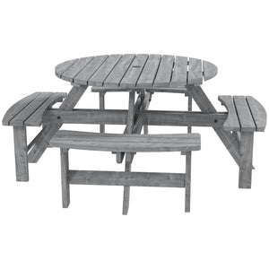 Wooden Patio Dining Set for 8 People, Outdoor Table and Benches Set with 4 Double-Seat Benches & Round Picnic Table (Umbrella Not Included), Φ70.1" x 27.6" H, Grey