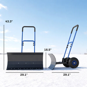 Snow Shovel with Wheels, 29" x 16.5" Heavy Duty Metal Snow Pusher with 5-Level Adjustable Handle, 5-Angle Blade and Non-Slip Grip, for Driveway, Sidewalks, Garden, Deck, Blue