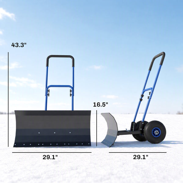Snow Shovel with Wheels, 29" x 16.5" Heavy Duty Metal Snow Pusher with 5-Level Adjustable Handle, 5-Angle Blade and Non-Slip Grip, for Driveway, Sidewalks, Garden, Deck, Blue