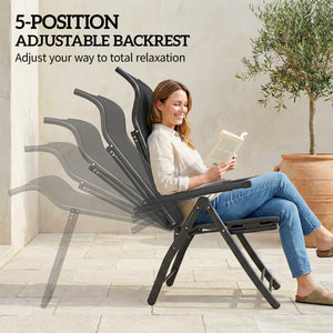 Folding Patio Chairs Set of 2, Reclining Outdoor Chair with 33.5" High Back, Retractable Footrest, 5-Position Outdoor Recliner Lounge Chairs for Lawn Yard Beach, Black