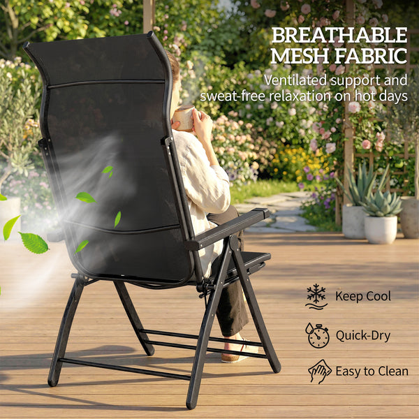 Folding Patio Chairs Set of 2, Reclining Outdoor Chair with 33.5" High Back, Retractable Footrest, 5-Position Outdoor Recliner Lounge Chairs for Lawn Yard Beach, Black