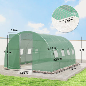 10' x 13' Walk-in Polytunnel Greenhouse with Hinged Door and 8 Roll Up Mesh Windows, Garden Tunnel Warm House Tent with UV-resistant PE Cover, Galvanised Steel Frame, Green