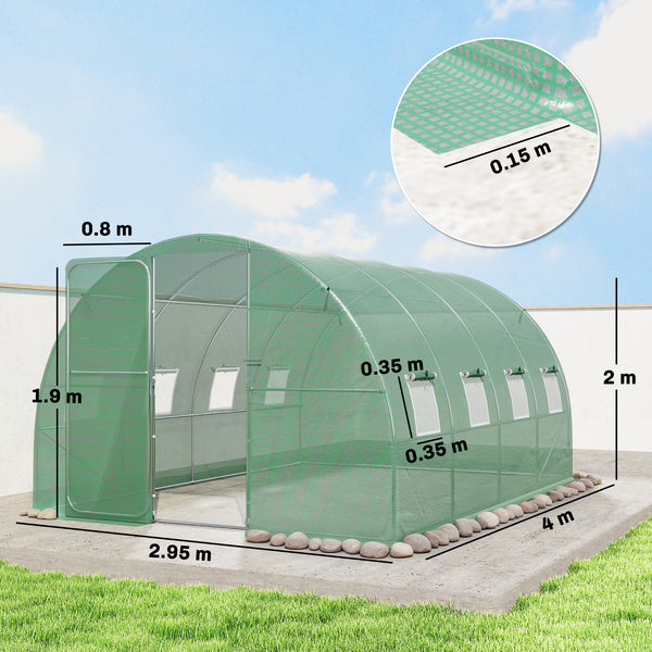 10' x 13' Walk-in Polytunnel Greenhouse with Hinged Door and 8 Roll Up Mesh Windows, Garden Tunnel Warm House Tent with UV-resistant PE Cover, Galvanised Steel Frame, Green