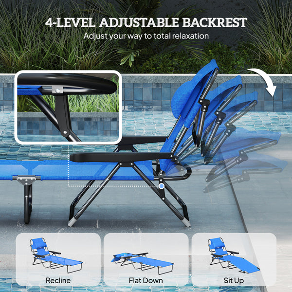 Folding Lounge Chair with 4-level Reclining Back, Outdoor Tanning Chair with Reading Hole, Outdoor Chaise Lounge Chair with Headrest, for Beach, Yard, Patio, Dark Blue