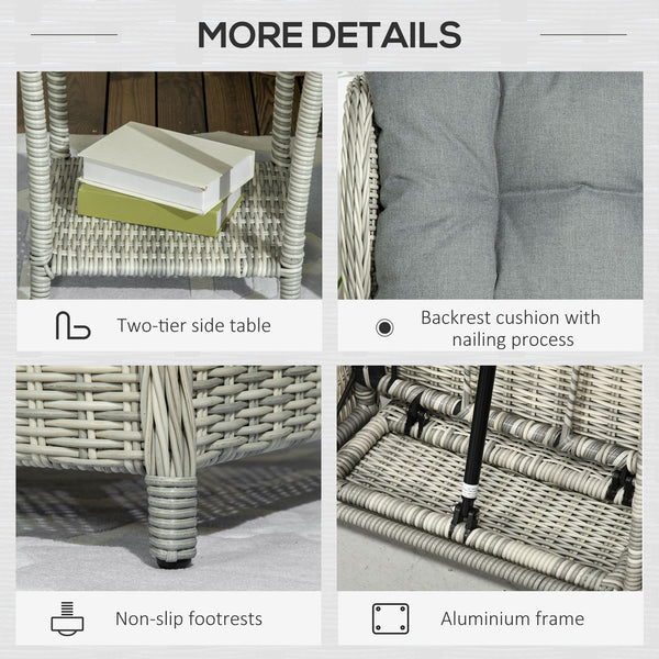 5 Pieces Rattan Bistro Set with Adjustable Back, Reclining Wicker Balcony Furniture with Cushions, Glass Top Coffee Table and Footstools, Outdoor Table and Chairs, Grey