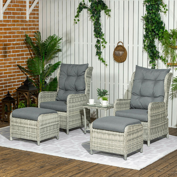 5 Pieces Rattan Bistro Set with Adjustable Back, Reclining Wicker Balcony Furniture with Cushions, Glass Top Coffee Table and Footstools, Outdoor Table and Chairs, Grey