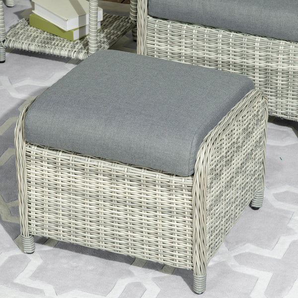 5 Pieces Rattan Bistro Set with Adjustable Back, Reclining Wicker Balcony Furniture with Cushions, Glass Top Coffee Table and Footstools, Outdoor Table and Chairs, Grey