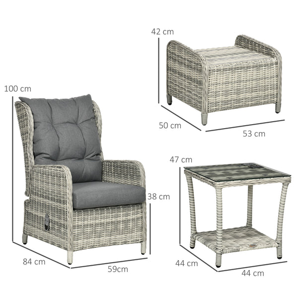 5 Pieces Rattan Bistro Set with Adjustable Back, Reclining Wicker Balcony Furniture with Cushions, Glass Top Coffee Table and Footstools, Outdoor Table and Chairs, Grey