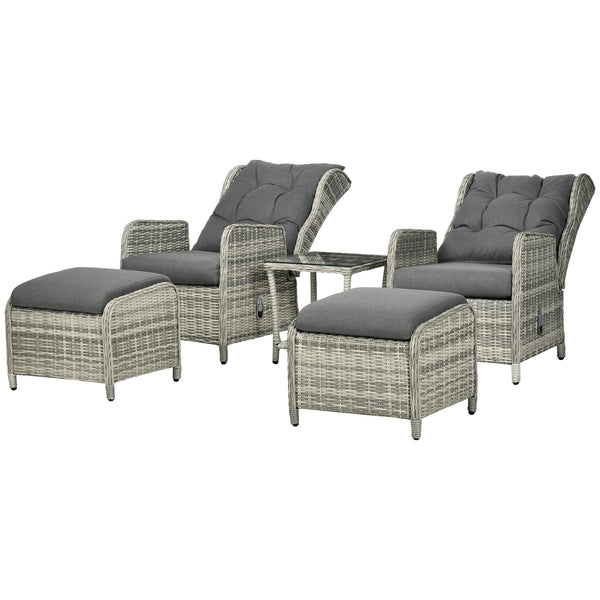 5 Pieces Rattan Bistro Set with Adjustable Back, Reclining Wicker Balcony Furniture with Cushions, Glass Top Coffee Table and Footstools, Outdoor Table and Chairs, Grey
